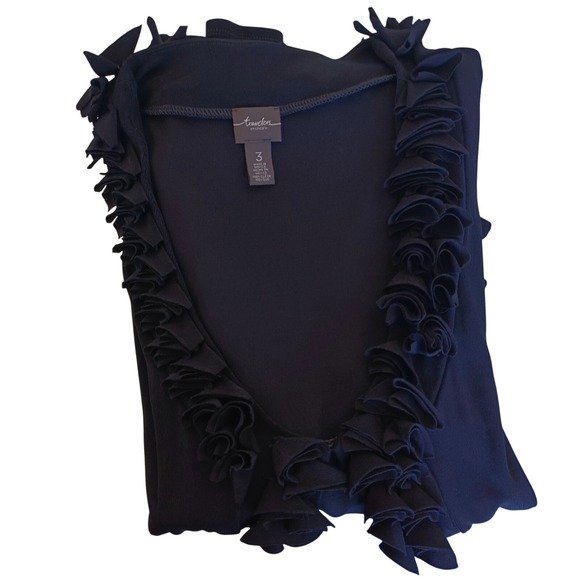 Chicos Travelers Black Ruffle Trim Open Front Cardigan Ribbed Knit Size 3 XL - Picture 5 of 10